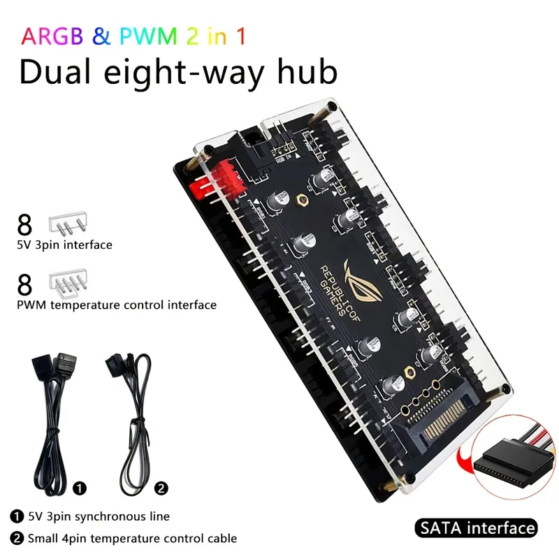 Fan Hub Rgb Controller - デュアル8ポートファンハブ ARGB/PWM 2-in-1 5V 3ピン照明同期、12V 4ピン温度制御、SATA電源