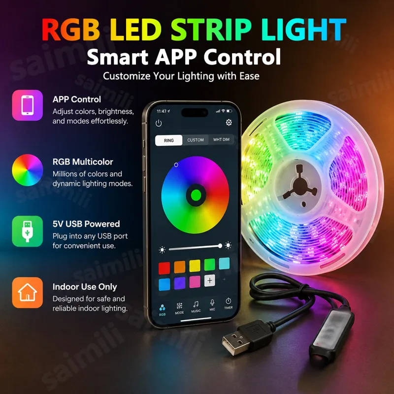 Gaming Accessories Bedroom - Bluetooth対応スマートRGB LEDストリップライト 5V USB給電 自己粘着テープ 音楽同期調光可能ライト