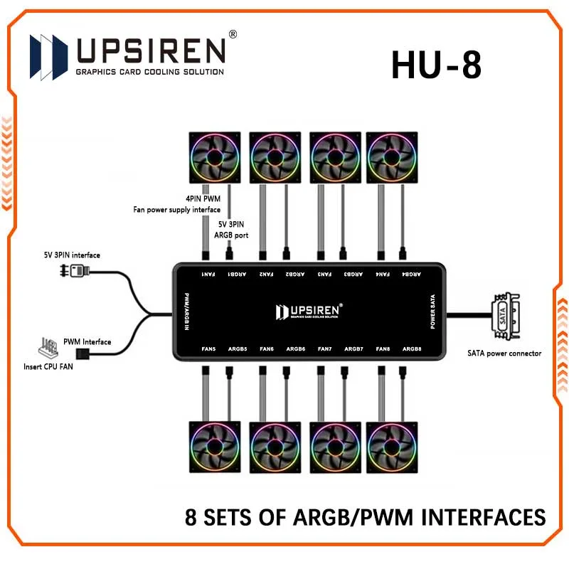 Fan Hub Rgb Controller - アップシレンシャーシファンハブ、8セットのargbおよびpwmインターフェイス、下部磁気設計、マザーボード同期のサポート、HU-8