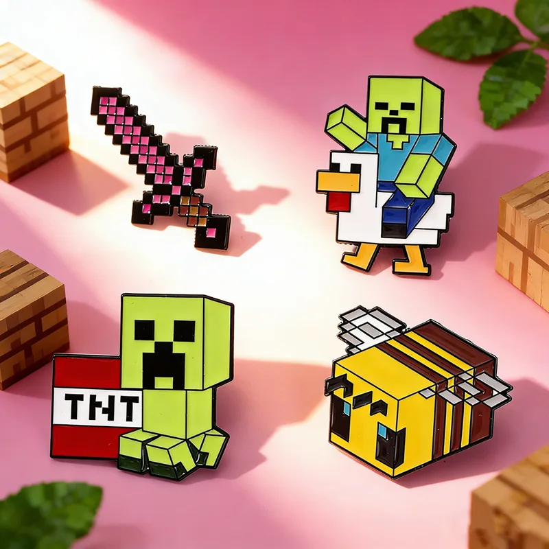 Gaming Accessories Cute - 4個入りのかわいいベビーゾンビチキンジョッキー＆ピクセルビーエナメルピン - サンドボックスゲームにインスパイアされたゲームテーマのブローチ、面白いゲーマーギフト