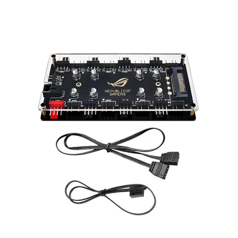 Fan Hub Rgb Controller - 8ポートARGB PWMファンハブ、5V 3ピンARGBコントローラー、4ピンPWMファンスプリッター、SATA給電式PC冷却ハブ（ケース照明同期対応）