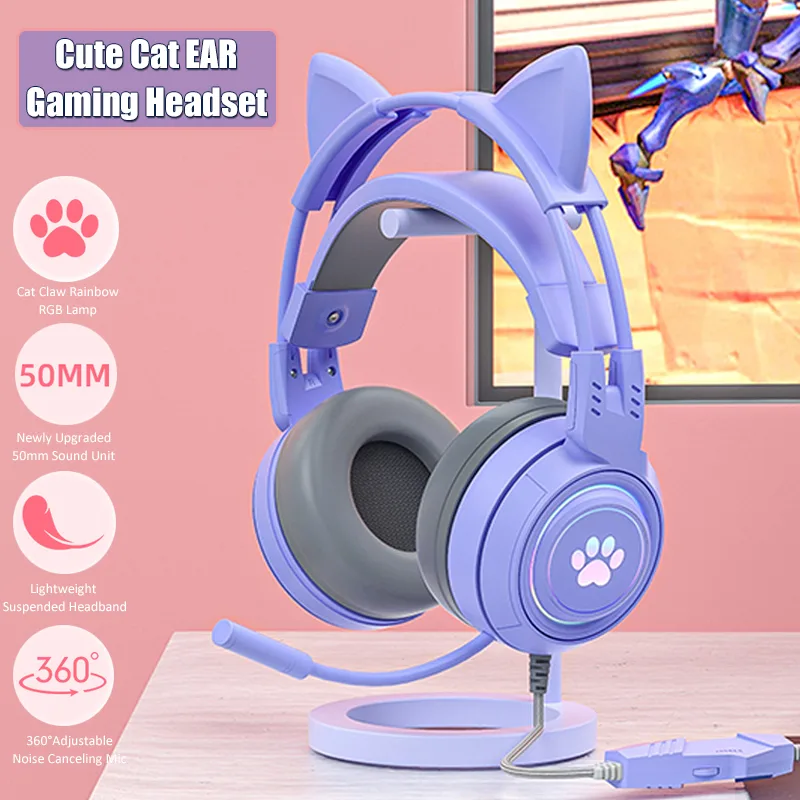 Gaming Accessories Kids - マイク付きのかわいい猫の耳のゲーミングヘッドフォン,RGBのノイズリダクション,ピンクの女の子用ヘッドセット,ゲーマー,PS4用アクセサリー,Xbox,電話,PC,子供向けギフト