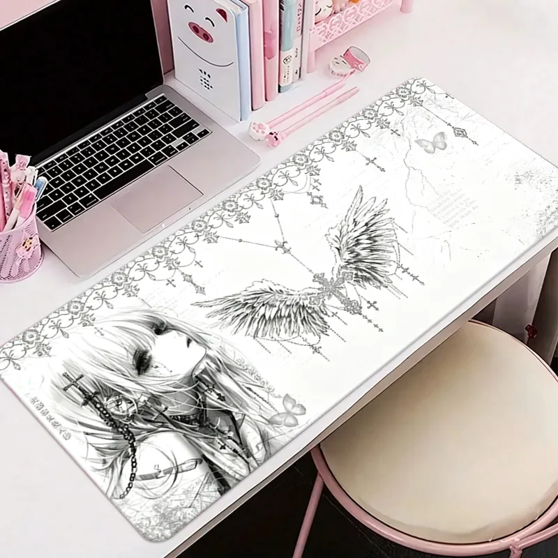 Gaming Accessories For Setup - レザーマウスパッド黒白アニメ美学エンジェルガールマウスパッドオフィスアクセサリーPCゲームキーボードEスポーツHDデスクマット