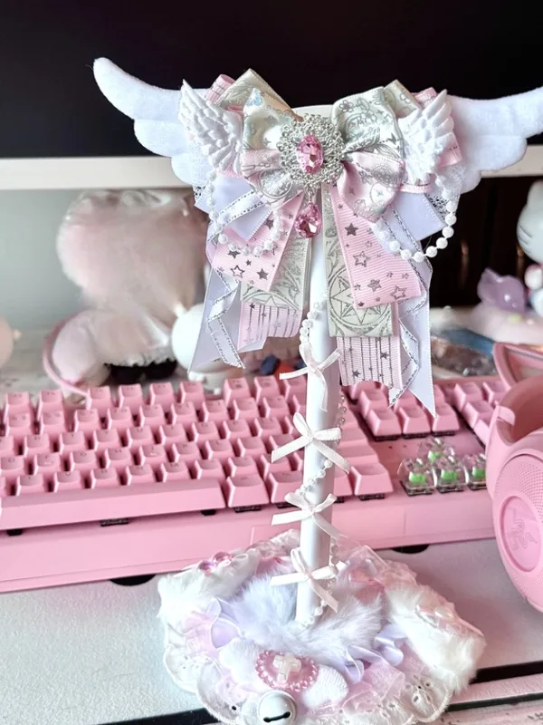 Gaming Accessories Cute - かわいいレースヘッドフォンスタンドピンクホワイトデスクトップヘッドセットホルダーオーバーイヤーヘッドフォンディスプレイラックゲームデスク装飾アクセサリー