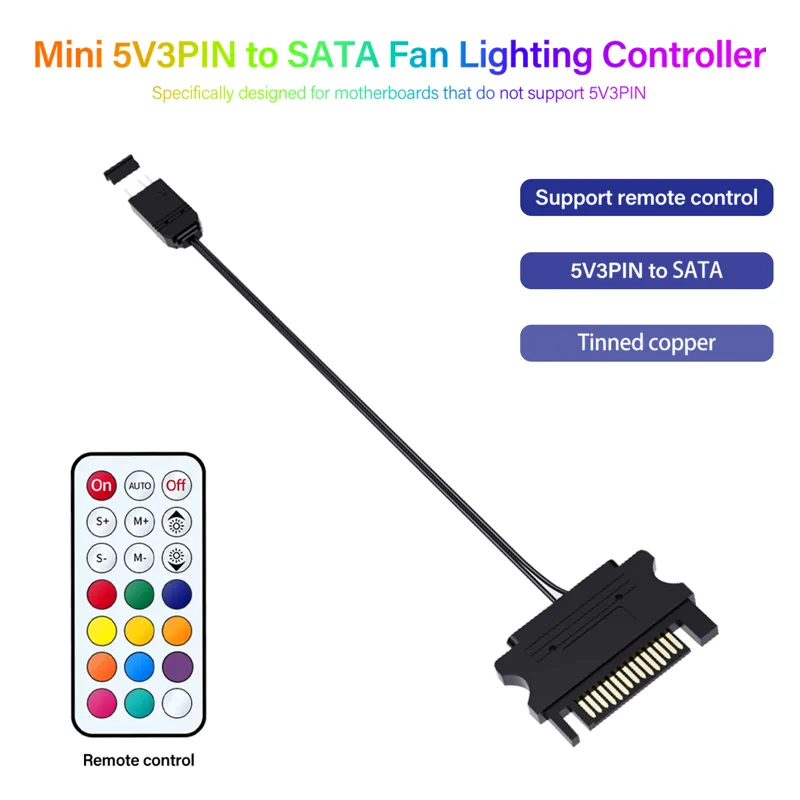 Fan Hub Rgb Controller - SATA給電5V 3ピンARGBコントローラー、RFリモートRGBファンライトストリップアダプター（電池は含まれていません）、PCケース改造アクセサリー