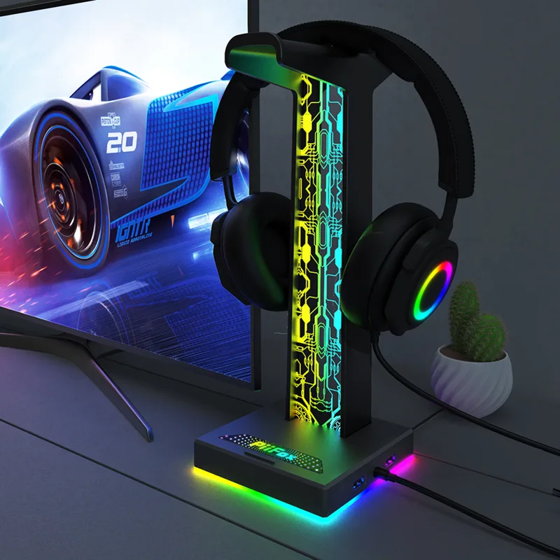 Gaming Accessories For Setup - RGBゲーミングヘッドセットスタンド,デュアルUSBポート,ヘッドセットホルダー,ゲーマー用,オーディオポート,10照明効果,デスクトップ,3.5mm